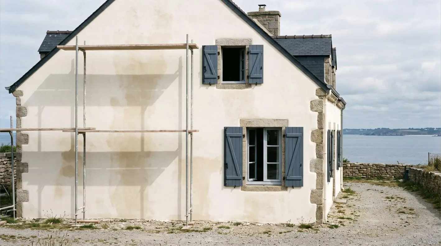 Façade enduite fraîchement ravalée d'une maison côtière — illustration générée pour ce site