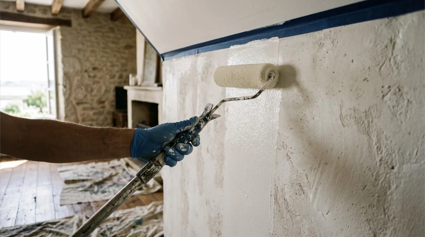 Rouleau appliquant une peinture claire sur un mur intérieur, sols protégés — illustration générée pour ce site