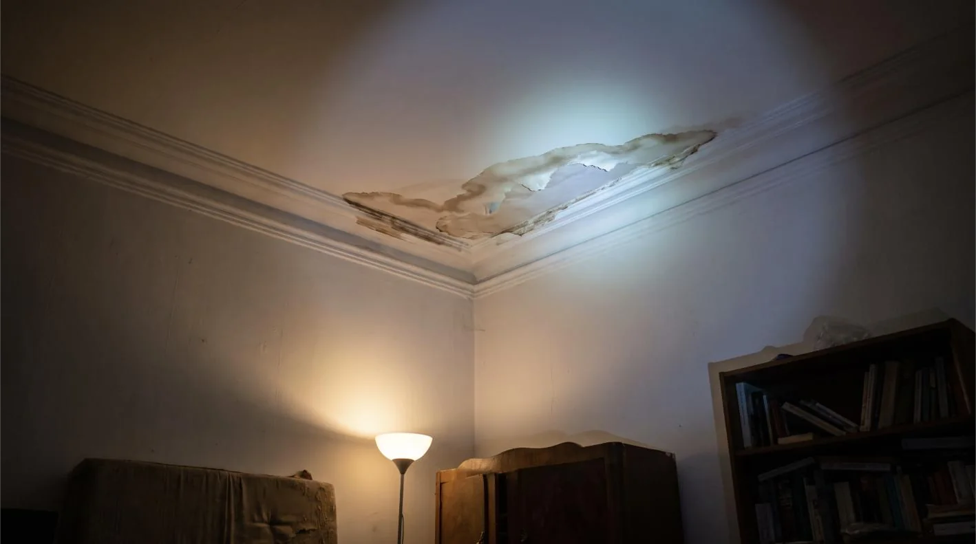 Tache d'infiltration au plafond révélée par une lampe torche — illustration générée pour ce site